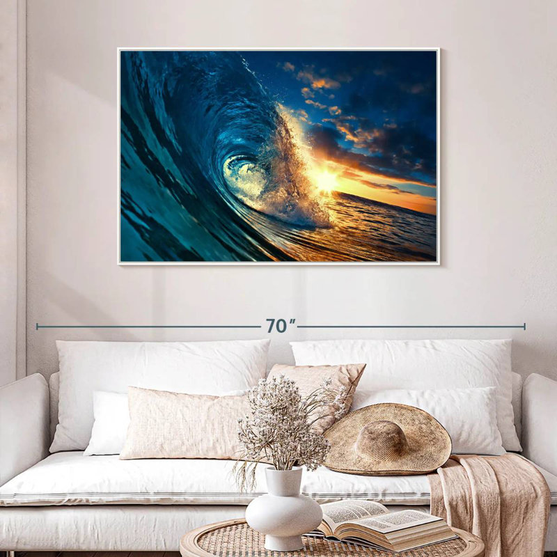 Vague de coucher de soleil océan, 46 po x 31 po, Cadre flottant blanc