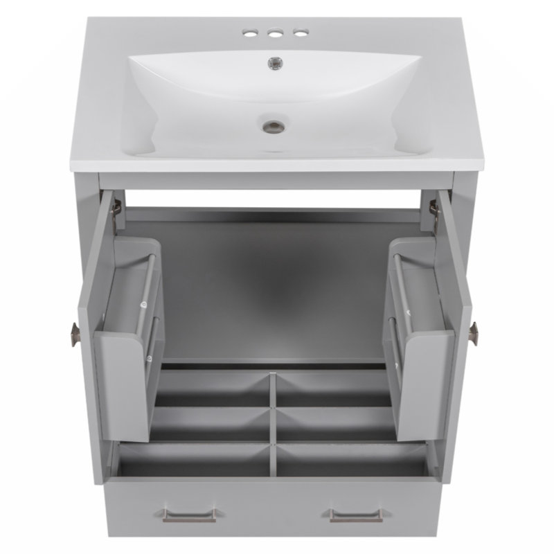 Meuble-lavabo bleu 30 po avec lavabo simple, meuble-lavabo sous-comptoir, armoire de rangement avec 2 portes et un tiroir, fermeture en douceur, rangement multifonctionnel, structure en bois massif