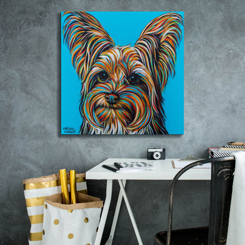 «Yorkie On Blue» par Carolee Vitaletti, art mural sur toile, H 26 po x l 26 po x P 1,5 po
