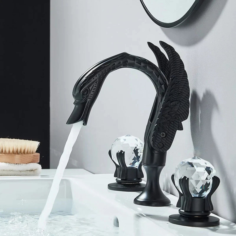 Matte Black Swan Shape 8" Widespread 2-Handle Bathroom Sink Faucet, Deck Mount 3-Hole Vanity Faucet with Crystal Knob Handles