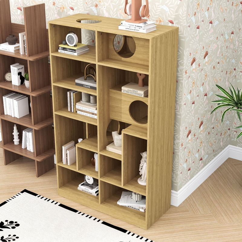 Présentoir pour chat moderne et bibliothèque à plusieurs niveaux avec casiers de rangement et tablettes d'escalade, Natural