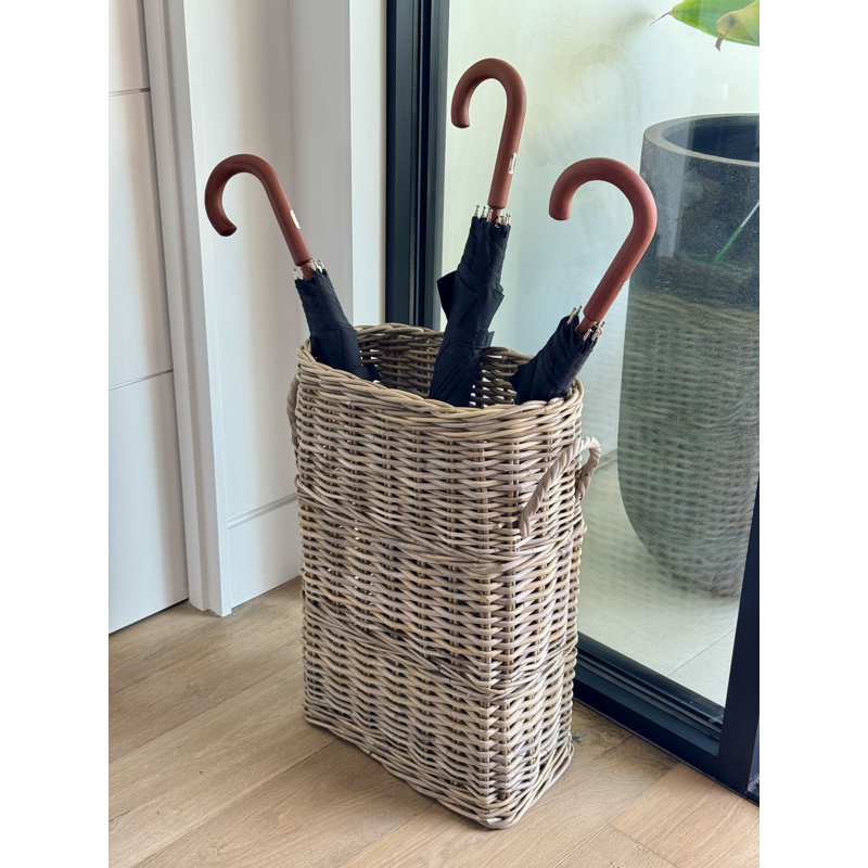 Oval Kobo Umbrella Holder with Galvanized Tin Drip Tray and Handles, Gray Brown