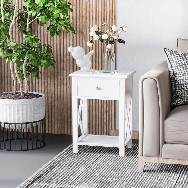 White Farmhouse End Table with Drawer, Open Shelf & X-Frame for Living Room