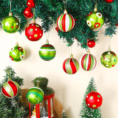 12 Pcs Christmas Ball Ornaments Red Lime Green White Ornaments 2.4 Inch Polka Dots Stripes Tree Decorations Shatterproof Peppermint Candy Cane Xmas Baubles For Tree Home Wreath Party Decor