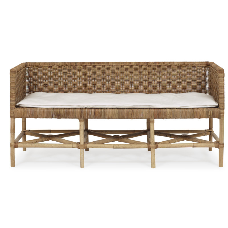 Natural Rattan Bench with Sugar Crypton Chenille Upholstery
