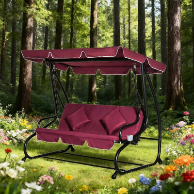 Balancelle rouge 3 places avec auvent, coussins et oreillers amovibles, idéale pour la piscine et le jardin. Se transforme en lit d'extérieur. Structure robuste en acier, cadre à haute résistance.