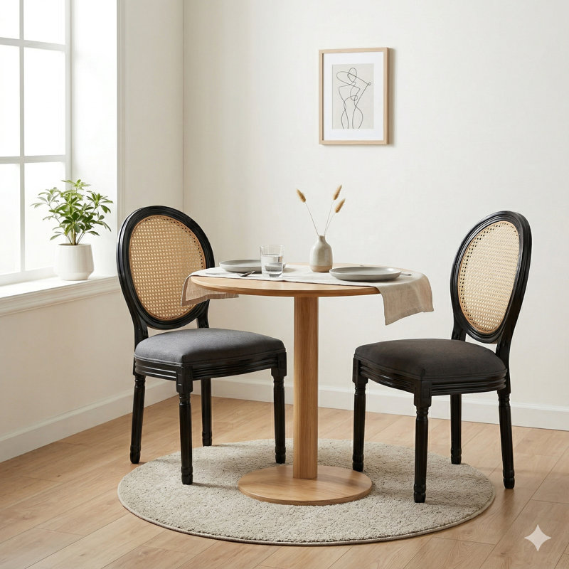 Ensemble de 2 chaises de salle à manger de style campagnard français, dossier en rotin, assise rembourrée, structure en bois massif