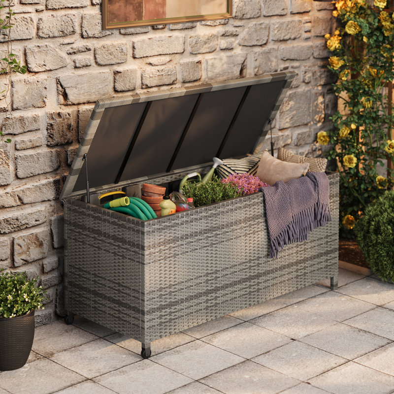 Boîte de rangement pour l'extérieur, coffre en rotin PE de 125 gallons avec roulettes et poignées, côté jardin et piscine, gris