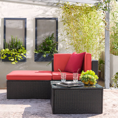 3 Pieces Patio Furniture Sets All Weather Outdoor Sectional Patio Sofa Manual Weaving Wicker Rattan Patio Seating Sofas with Cushion and Glass Table by Ebern Designs