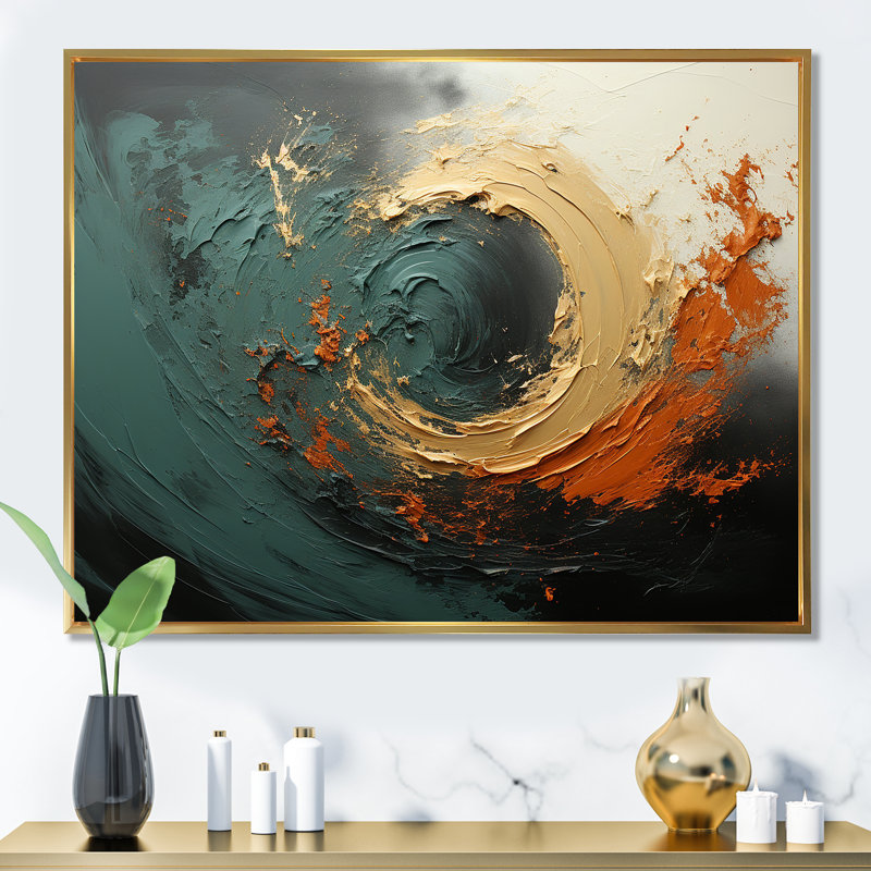 Orange et vagues ondulées oranges Melody III - abstrait spirales murales, Cadre flottant doré, H 30 po x l 40 po x P 1,5 po