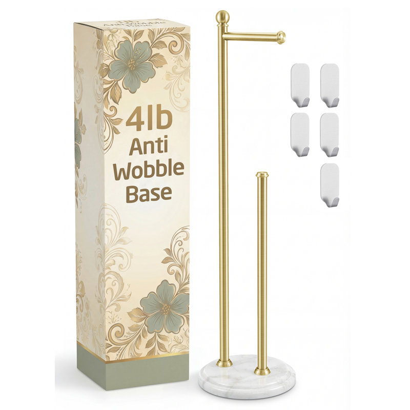 Porte-papier hygiénique anti-vacillement H 29 po KES avec base lestée 3X, porte-papier hygiénique sur pied en acier inoxydable 18/8 avec rangement pour 5 rouleaux, or antique rétro