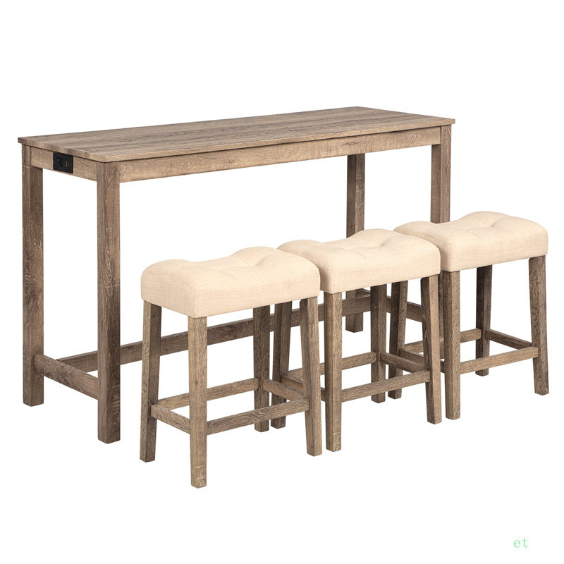 4-Piece Bar Table Set With Power Outlet, Dining Bar Table And Chairs Set,Bar Table Set With 3 Padded Stools For Living Room, Dining Room, Game Room