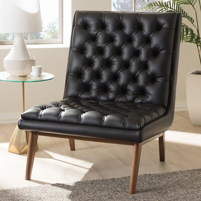 Corrigan StudioÂ® Studio Menelaus Mid-Century Modern Black Faux Leather Upholstered Walnut Finished Wood Lounge Chair -  670405CA872547329DD974104FD2948E