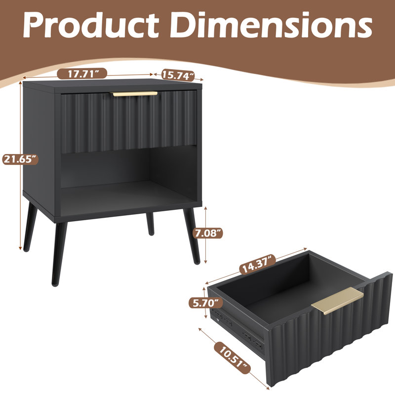 2 Drawer Nightstand With Fluted Front, Multi-Use Bedside Table For Bedroom Or Living Room, 15.74"D X 17.71"W X 21.65"H(Set Of 2 )