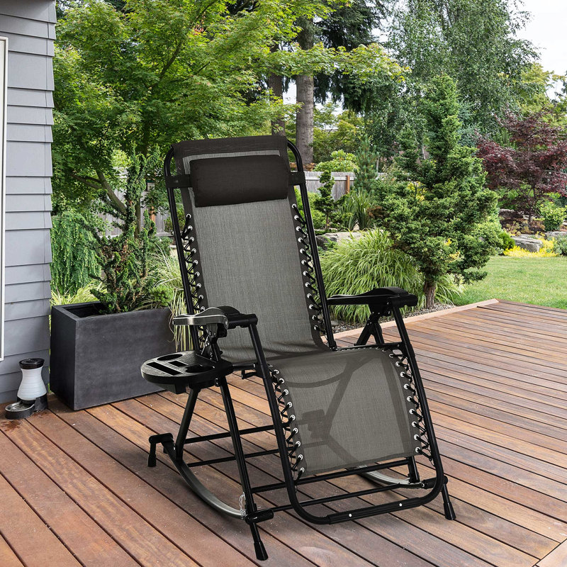 Gravity Rocker - Outdoor Foldable Chair With Cup Holder And Phone Slot Frame Rocking Recliner Pillow, & Slot, Gray