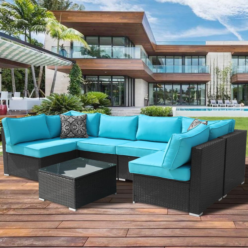 14-Piece Outdoor Cushion Cover Set | Replacement for 6-Seater Patio Sofa | Zipper Closure and Machine Washable Fabric, Cyan