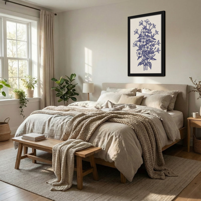 Plantes et fleurs, bouquet floral bleu sur toile crème, H 18 po x l 12 po