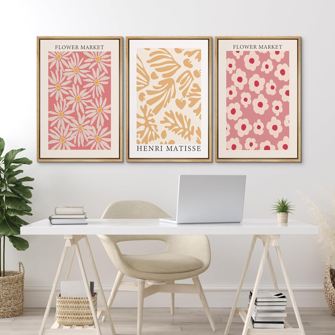 Classical Artwork Pink & Yellow Henri Matisse Flower Market Floral Artwork Framed On Canvas 3 Pieces Print Wall Art IDEA4WALL Frame 