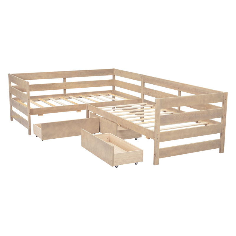 Lit plateforme en L avec trois tiroirs de rangement, Naturel