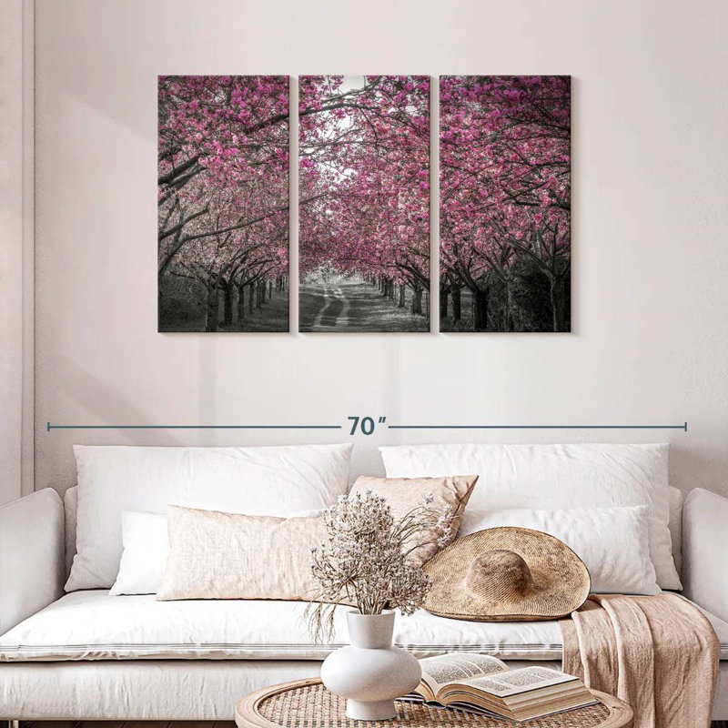 Harnek, belle allée de cerisiers en fleurs en rose, H 28 po x l 45 po
