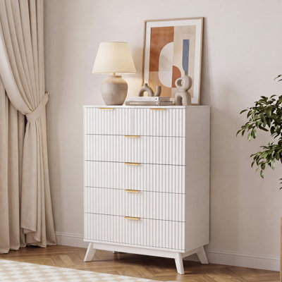 Commode cannelée à 7 tiroirs avec plateau en faux marbre, commode de style Mid-Century avec poignées en métal, meuble de rangement en bois et meuble télé pour chambre à coucher, salon