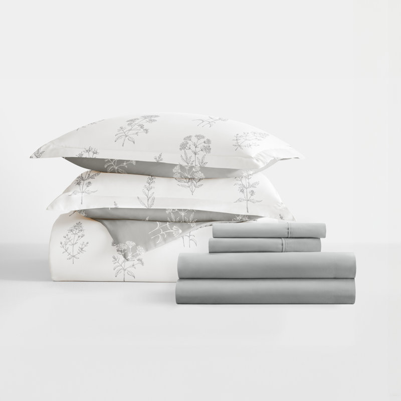 8-Piece Reversible Bedding Bundle - Patterned Duvet Cover, Comforter Insert and Solid Sheet Set, Light Gray Floral