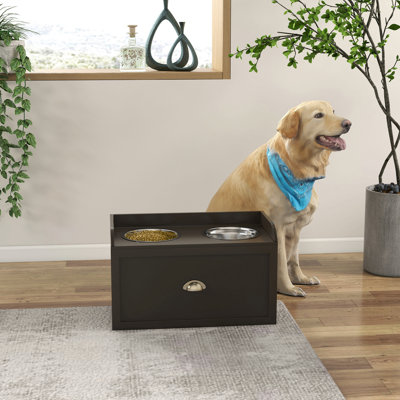 Station d'alimentation pour chien Pawhut avec tiroir de rangement, armoire de rangement pour nourriture pour chien avec 2 bols surélevés amovibles pour chiens de grande taille, café