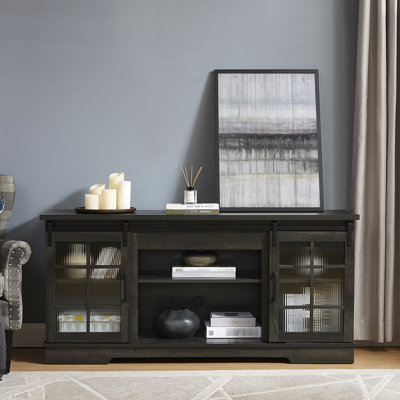 Sliding Door Tv Cabinet For 65" Tv, Charcoal Grey, With Abundant Storage Stand Fluted Glass Doorways, 65'' Support, 59.75"W*15.47"D*27.8"H,