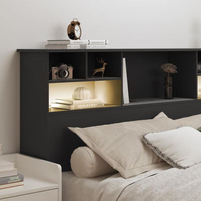 Bookcase Headboard With Charging Station & 2 Led Lights