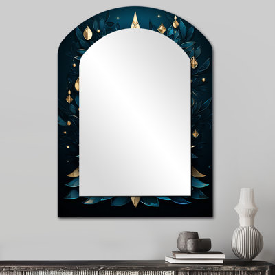Arbre de Noël magique bleu et doré - paysage d'hiver grand miroir asymétrique, décor de miroir mural unique arche traditionnelle, impression d'art en métal