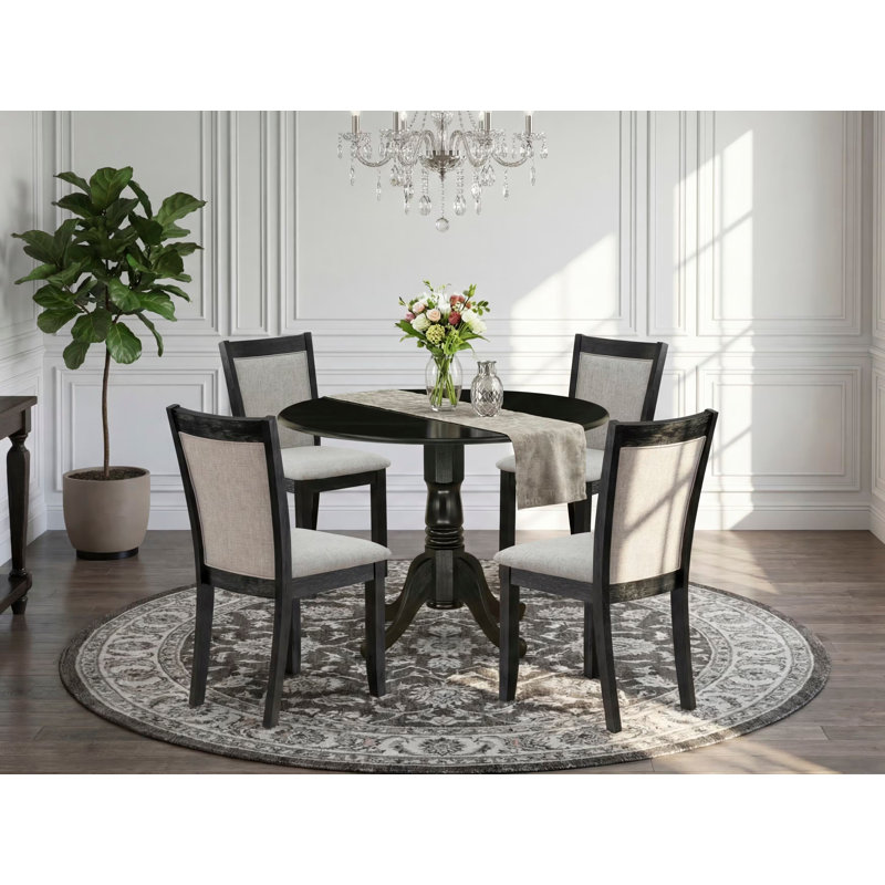 L'ensemble de 5 pièces pour salle à manger pour 4 personnes comprend une table de salle à manger ronde avec Dropleaf et 4 chaises Parsons en tissu Shitake, 42 x 42 po, noir brossé