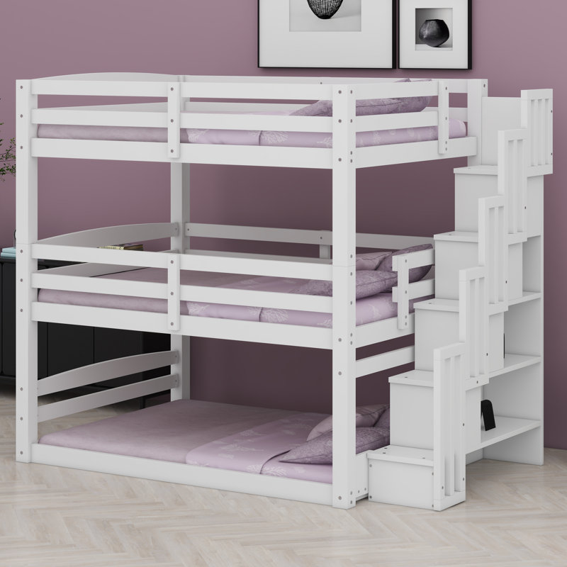 Triple lit mezzanine avec marches de rangement intégrées et configuration modulaire, Blanc