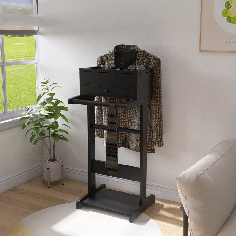 Portant à vêtements en bois avec tablettes et porte-valet