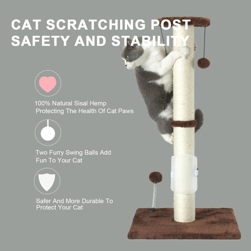 32" Tall Sisal Rope Cat Scratching Post with Hanging Ball and Brush