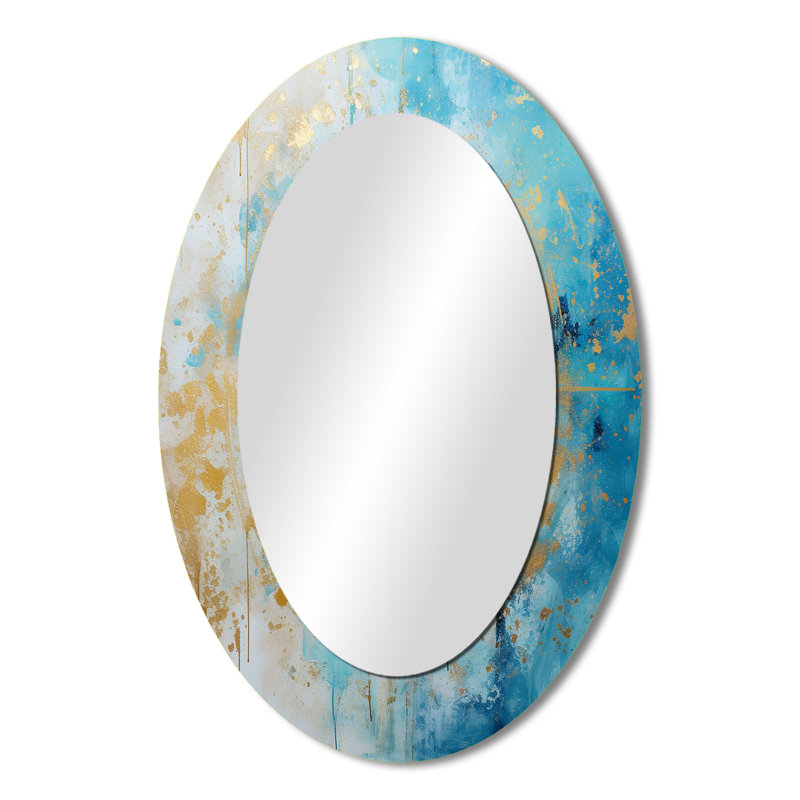Divine Mandala Delicate Gold Gentle Turquoise I - Geometric Oval Decorative Mirror On Metal, 36" x 24"