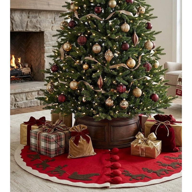 Handmade Reindeer Tree Skirt on Red-60"