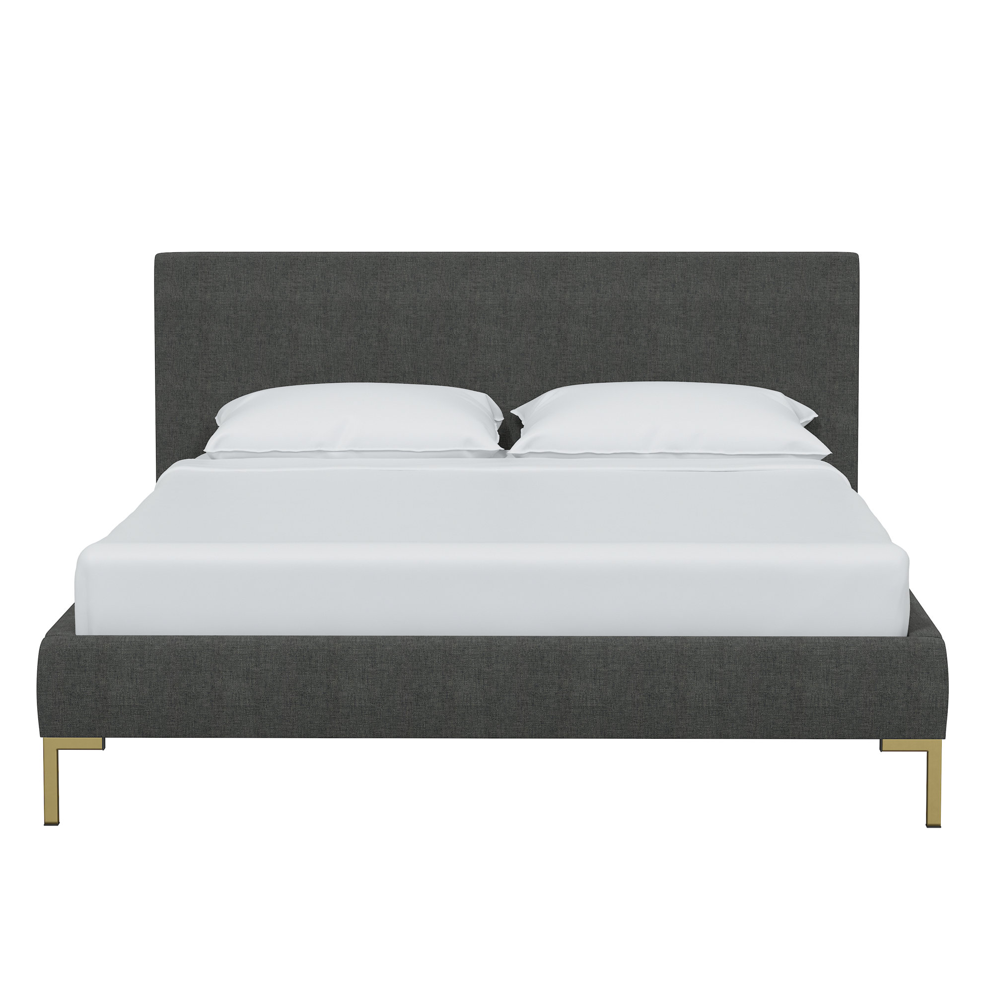Rand Upholstered Bed, Zuma Charcoal Textured Linen, Brass, Queen