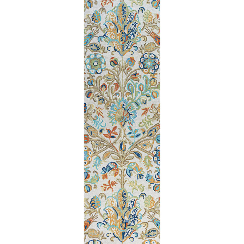 Acacia Floral Handmade Tufted Wool Blue/Beige/Green Rug, Runner 2'6" x 8'