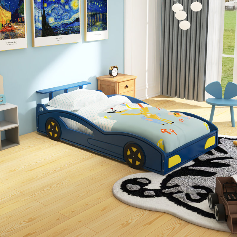 Lit plateforme en bois en forme de voiture avec roues pour adolescents