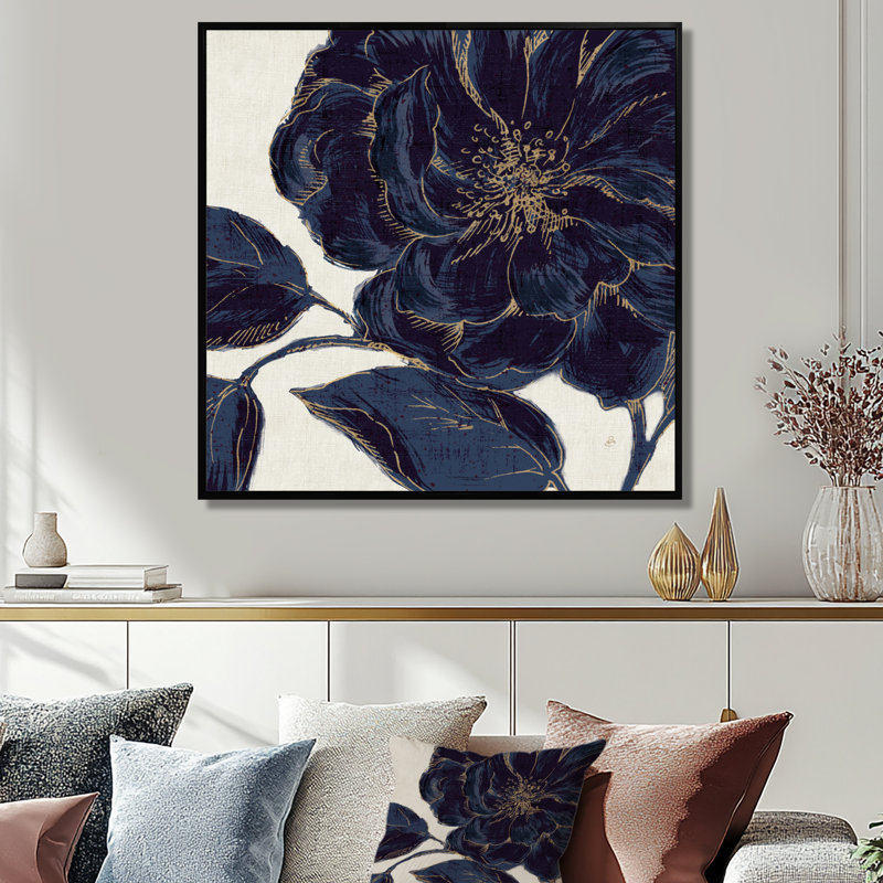 «Rose», art floral sur toile, doré doré foncé, H 36 po x l 36 po, Cadre flottant noir
