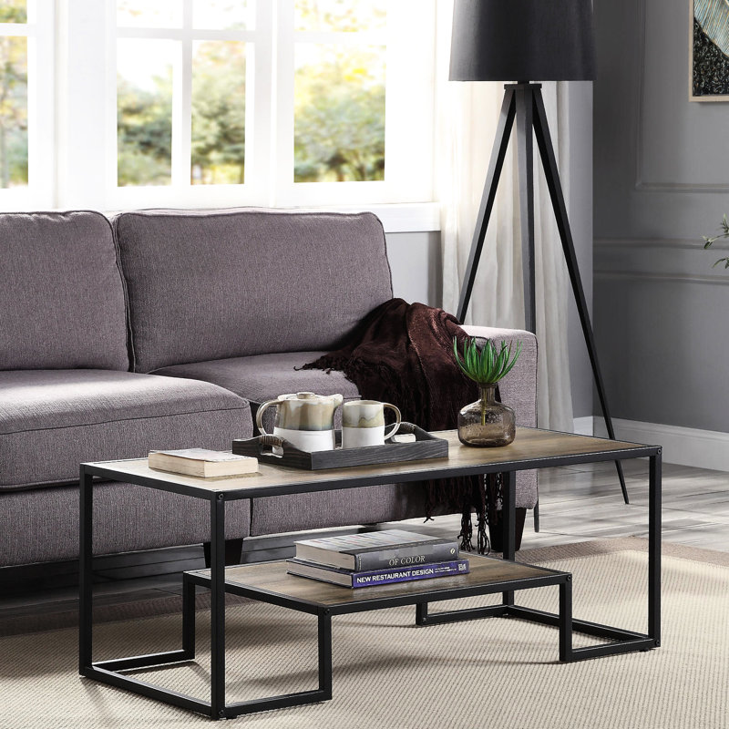 Table basse noire rectangulaire avec détails en chêne rustique, tablette de rangement ouverte à 1 niveau, structure en métal, plateau et rebord en placage de papier de polyuréthane épais de 15 mm, cadre de finition idéal pour les finitions, tablette