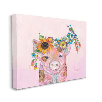 Floral avec petit cochon et oiseau par Lisa Morales - Peinture