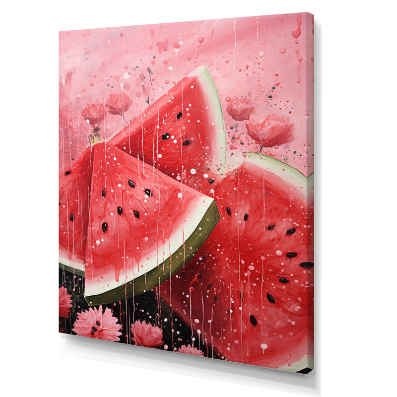Fruit pastèque rose pointillisme - impression sur toile tendue, H 20 po x l 12 po x P 1 po