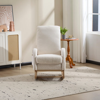 Modern White Teddy Upholstered Rocking Chair with Solid Wood Legs, Side Pocket & Footrest for Nursery & Living Room