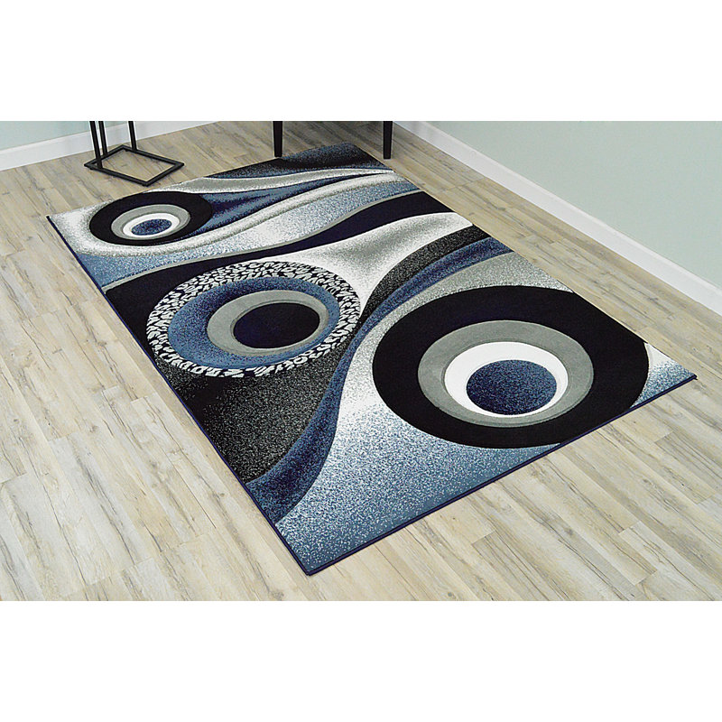 Tapis bleu marine / gris à motif abstrait Mccampbell, Rectangle 5 pi x 7 pi
