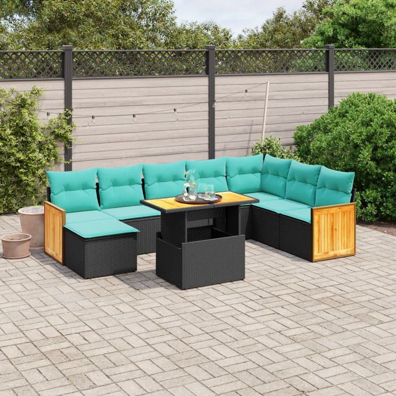  Ensemble de canapé de patio 9 pièces avec coussins en rotin de polyester, Noir, Vert