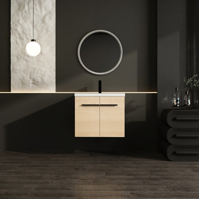 Meuble-lavabo de salle de bain chêne 24 pouces avec lavabo en résine, armoire 2 portes, bois d'ingénierie stable, élément de style américain