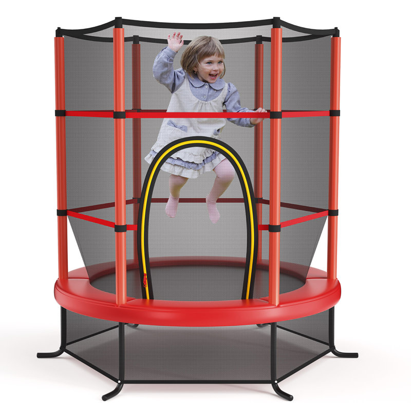 55" Red Round Kids' Trampoline with Safety Enclosure