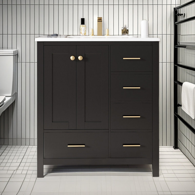 Ensemble de meuble-lavabo avec lavabo en résine 30 po, armoire de rangement en bois massif, ensemble de meuble-lavabo autoportant avec 4 tiroirs et portes à fermeture douce, noir