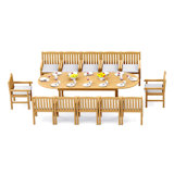 10 Seats 11 Pcs Grade-A Teak Wood Dining Set: 118" Double Extension Mas Oval Trestle Leg Table And 10 Devon Arm Chairs #11DV2710
